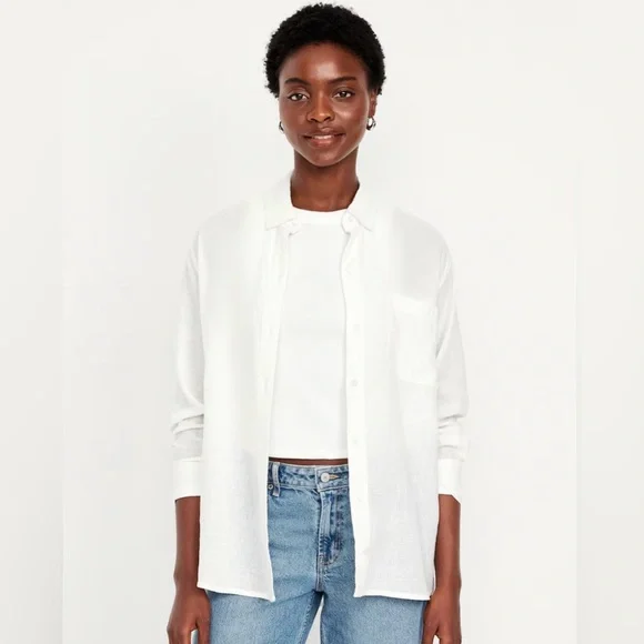 Linen-Blend Loose Button-Down Shirt XXL - Picture 3 of 14